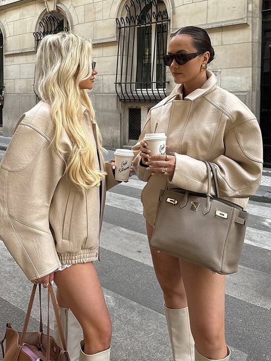 Damen Oversize-Lederimitat-Fliegerjacke mit Teddy-Innenseite, sichtbaren Nahtdetails & elastischem Saum Shop Nory