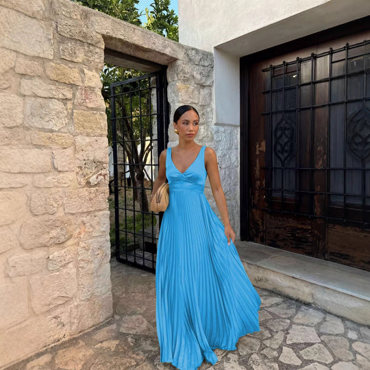 Damen Plisseekleid mit tiefem V-Ausschnitt und eleganter Silhouette