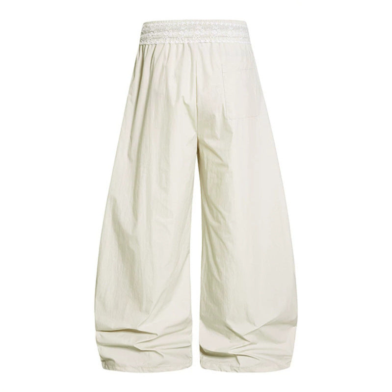 Damen Weite Palazzo-Loungehose mit elastischem Komfortbund, Kontraststreifen und Spitzenschnur Shop Nory