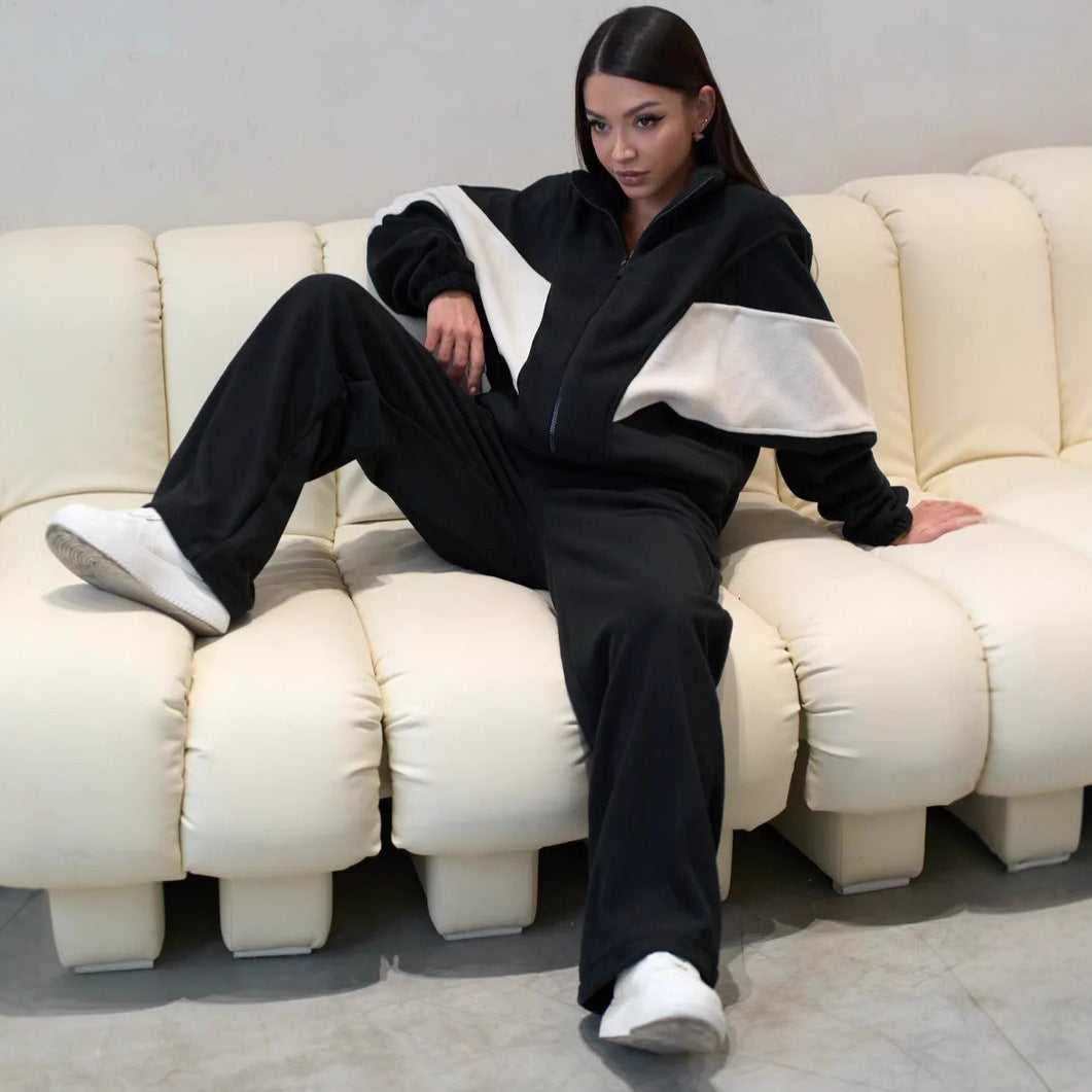 Damen Oversized Fleece-Lounge-Set mit Stehkragen, Reißverschlussjacke und weiter Palazzohose Shop Nory