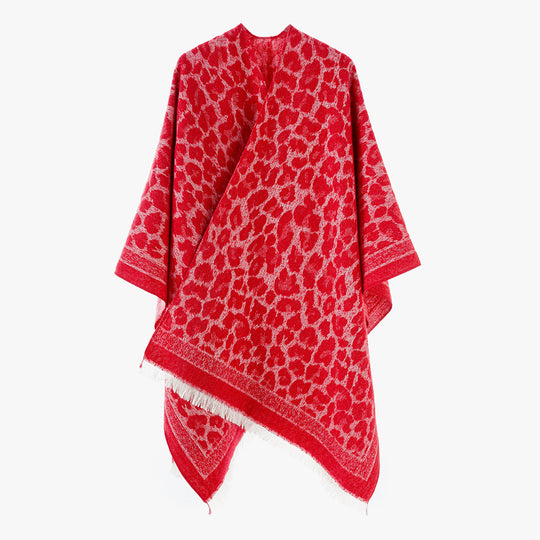 Damen Jacquard‑Poncho im Oversize‑Überwurf mit Leoprint und Fransensaum Shop Nory