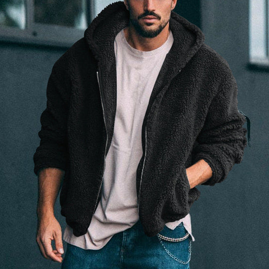 Herren kuschelige Fleecejacke mit großzügiger Kapuze und Reißverschluss