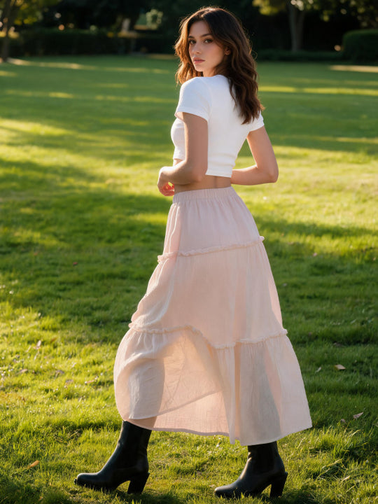 Damen Luftiger Stufenrock mit elastischem Bund und transparenter Chiffon‑Optik Shop Nory