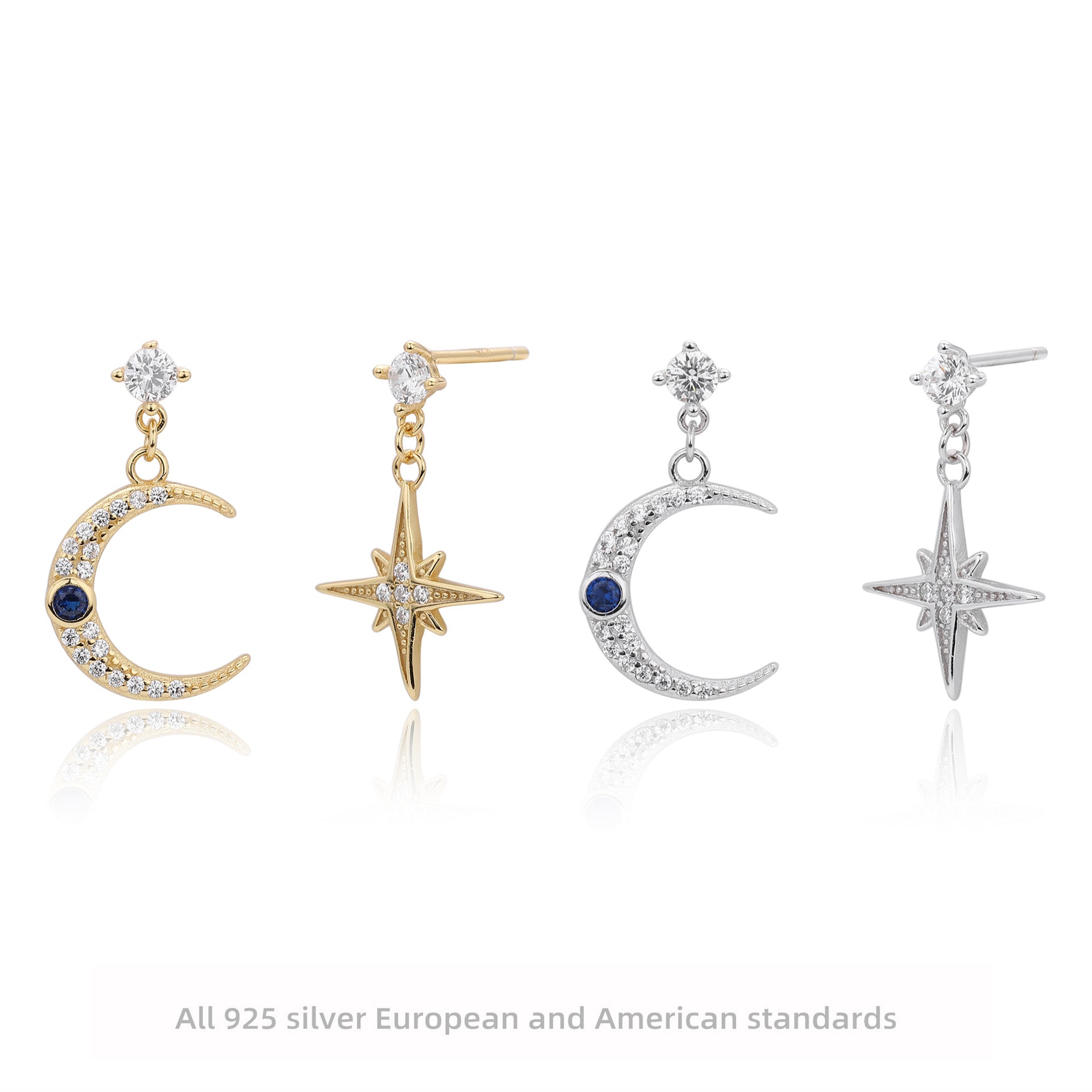 Damen Ohrhänger mit funkelndem Mond- und Sternmotiv aus 925 Sterlingsilber Shop Nory
