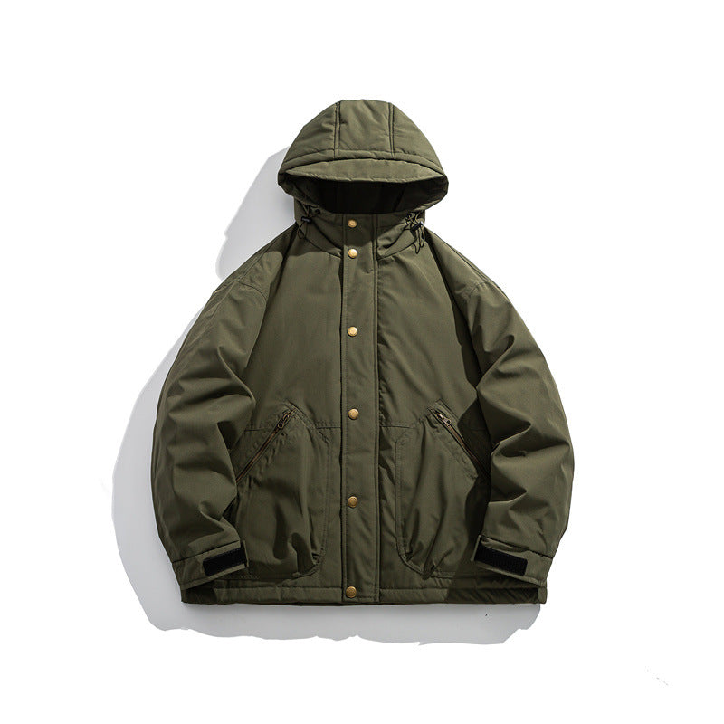 Herren Kurz geschnittener wetterfester Hybrid-Parka mit Kapuze, Druckknopfblende und schrägen Reißverschlusstaschen Shop Nory