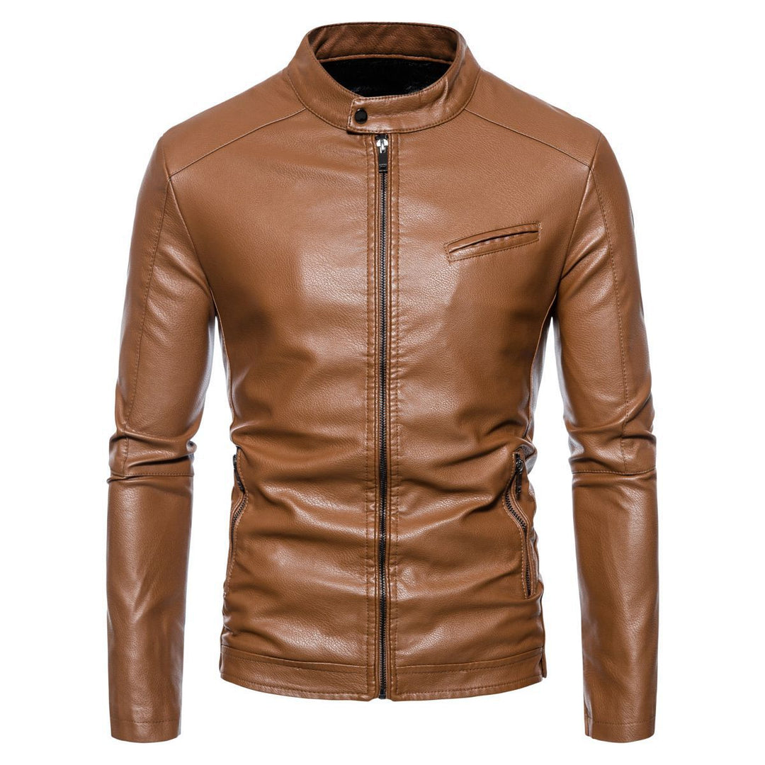 Herren Schmale Kunstleder-Bikerjacke mit Stehkragen, Innenfutter aus Kunstfell und Reißverschlusstaschen Shop Nory