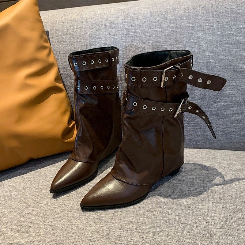 Damen Wadenhohe Wildleder-Slouch-Stiefel mit spitzer Zehenpartie und Zierschnallen Shop Nory