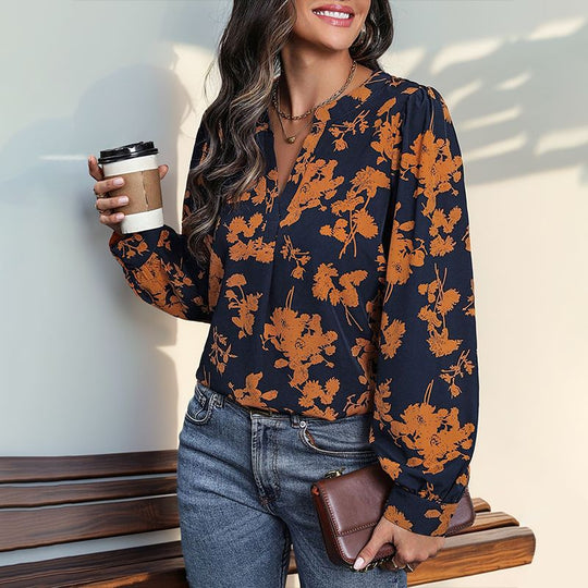 Damen Lockeres Blusenshirt mit V-Ausschnitt, floralem Alloverprint, Ballonärmeln und Manschetten Shop Nory