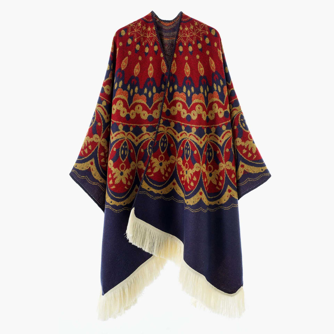 Damen Gewebter Jacquard-Poncho mit V-Ausschnitt, Ethno‑Print und Fransen Shop Nory