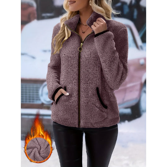 Damen Thermo-Sherpa-Fleecejacke mit Stehkragen, Kontrastkanten und Ringzipper Shop Nory