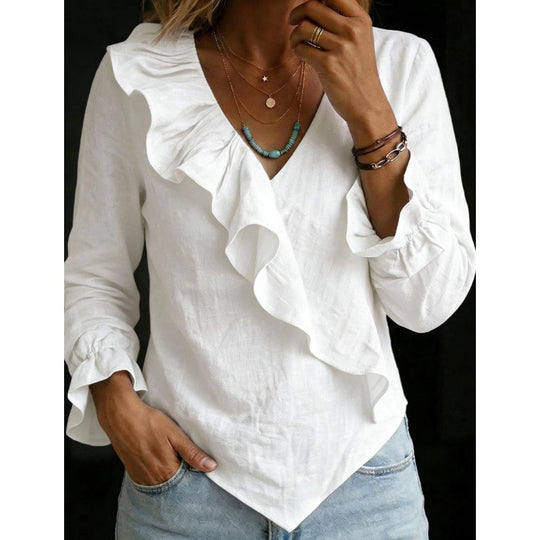 Damen Volant‑Bluse im Leinenlook mit Wickeloptik und asymmetrischem Zipfelsaum Shop Nory