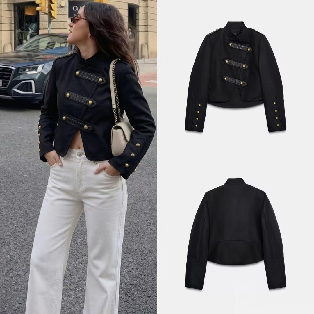 Damen Kurz geschnittene Paradejacke mit Stehkragen und Zierbesatz Shop Nory