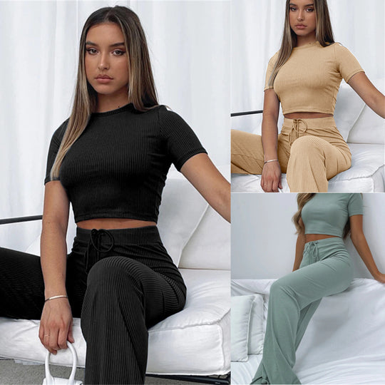 Damen Geripptes Crop-Set aus Stretch‑Jersey mit taillenhoher Kordel-Hose Shop Nory