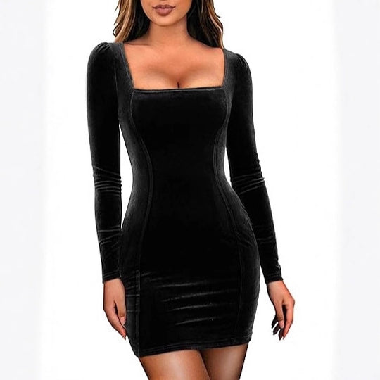 Damen Figurbetontes Samt-Minikleid mit quadratischem Ausschnitt und leichten Puffärmeln Shop Nory