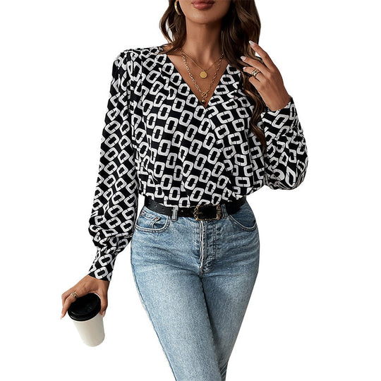Damen Geometrische Print-Wickelbluse mit V-Ausschnitt, gerafften Schultern und ballonartigen Ärmeln Shop Nory