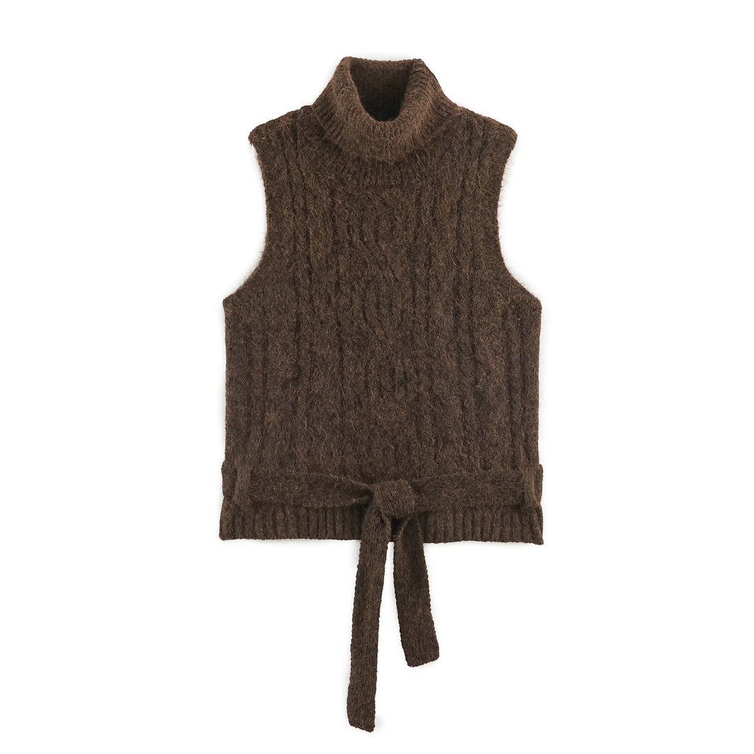 Damen Ärmellose Zopfstrick-Weste mit Rollkragen und Bindegürtel Shop Nory