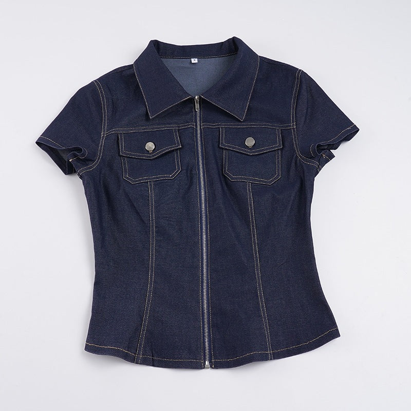 Damen Kurzarm Denim-Bluse mit modischer Zip-Detailierung und Brusttaschen