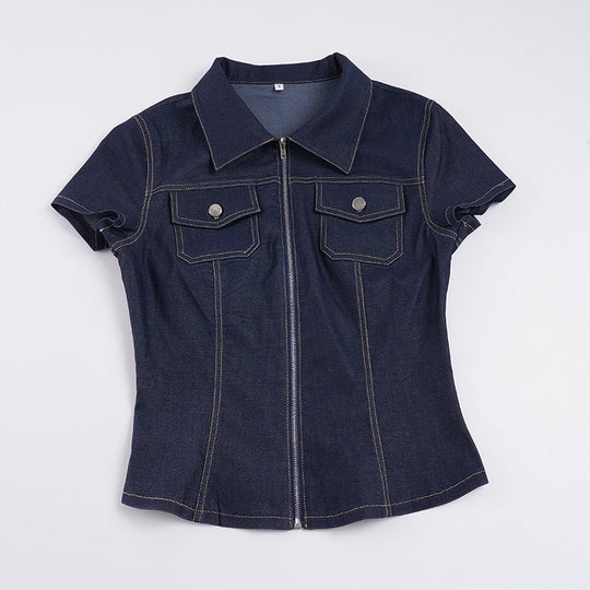 Damen Kurzarm Denim-Bluse mit modischer Zip-Detailierung und Brusttaschen