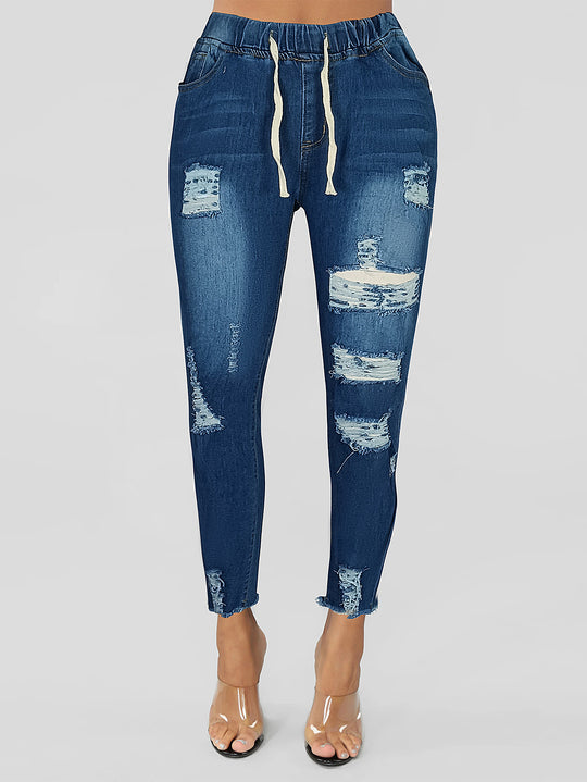 Damen Skinny-Jeggings mit hohem elastischem Tunnelzugbund und Destroyed-Details Shop Nory