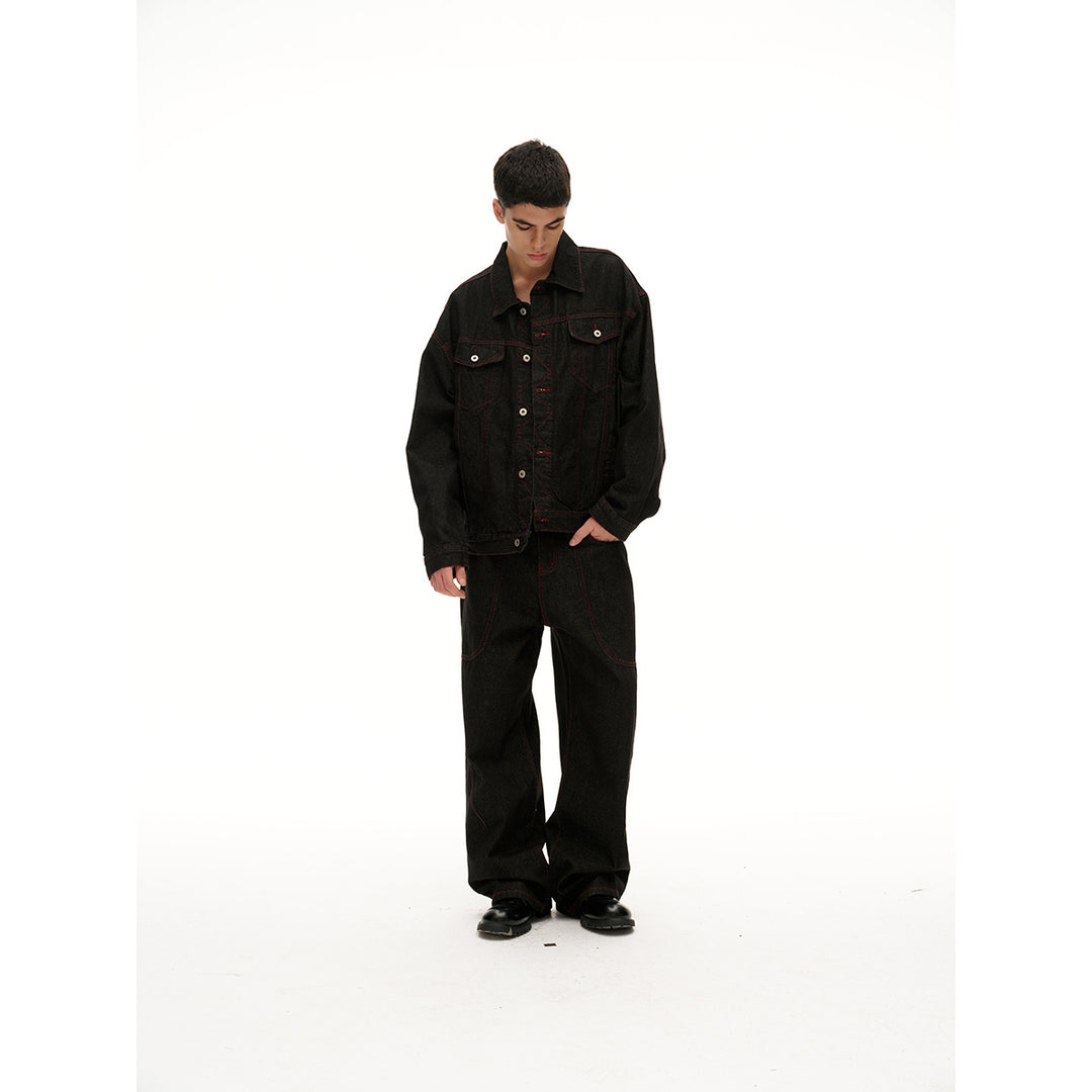Herren Boxy‑Denimjacke mit roten Kontrastnähten und Metallknöpfen Shop Nory