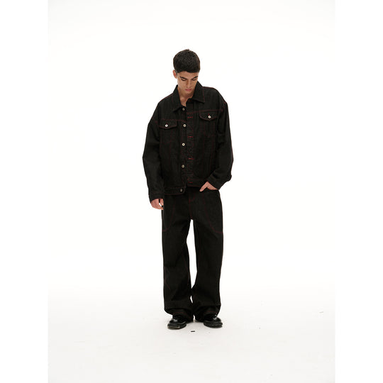 Herren Boxy‑Denimjacke mit roten Kontrastnähten und Metallknöpfen Shop Nory