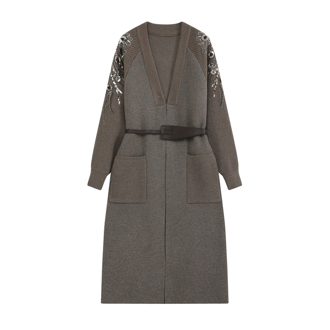 Damen Strick-Midikleid mit tiefem V-Ausschnitt, Taillengürtel und paillettenverzierten Ärmeln Shop Nory