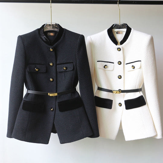 Damen Elegante Bouclé-Blazerjacke mit Samtbesatz und Taillengürtel Shop Nory