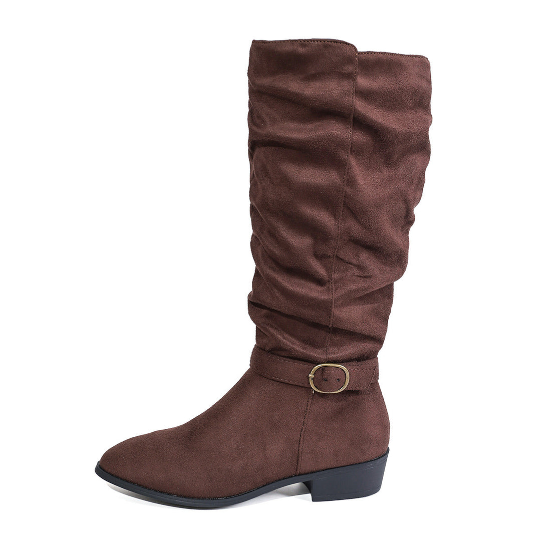 Damen kniehoher Slouch-Stiefel aus weichem Microvelours mit Ziergurt und niedrigem Blockabsatz Shop Nory