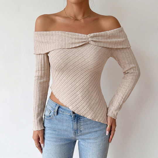 Damen Schulterfreies asymmetrisches Rippstrick-Top mit Knotenpasse Shop Nory