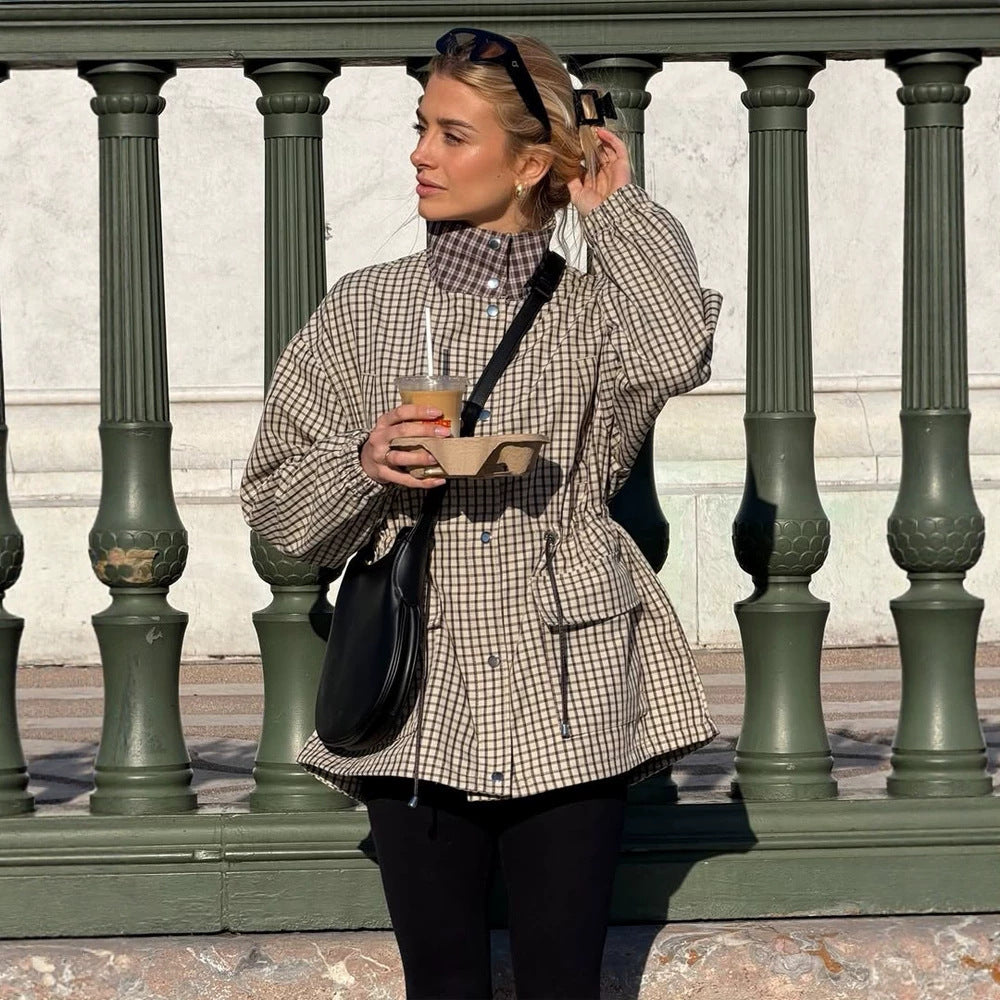 Damen Karierter Taillen-Parka mit Stehkragen, Tunnelzug und Pattentaschen Shop Nory