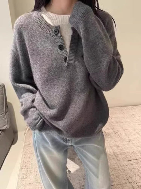Damen Oversize-Henley-Pullover aus flauschigem Mohair‑Look mit Knopfleiste Shop Nory