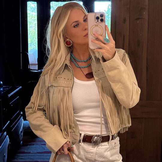 Damen Cropped Wildleder‑Style Fransenjacke mit Nietenapplikation Shop Nory