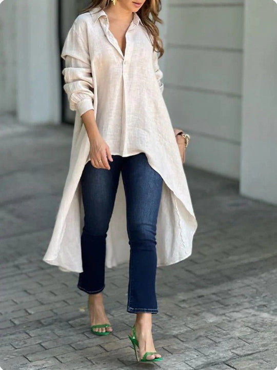 Damen Leichte Leinen‑Tunika‑Bluse mit asymmetrischem High‑Low‑Schwanz und Hemdkragen Shop Nory