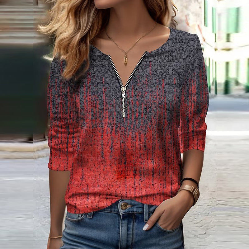Damen Langarmshirt mit Reißverschluss-V-Ausschnitt und strukturierter Ombré-Print Shop Nory