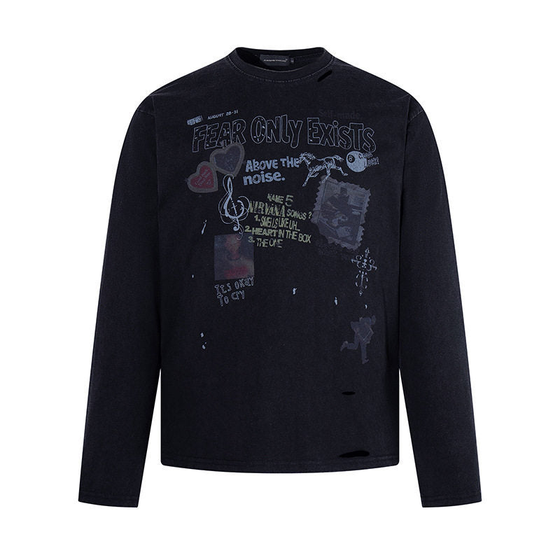 Herren Langarmshirt mit Print-Collage, Distressed‑Details und Relaxed‑Fit Shop Nory