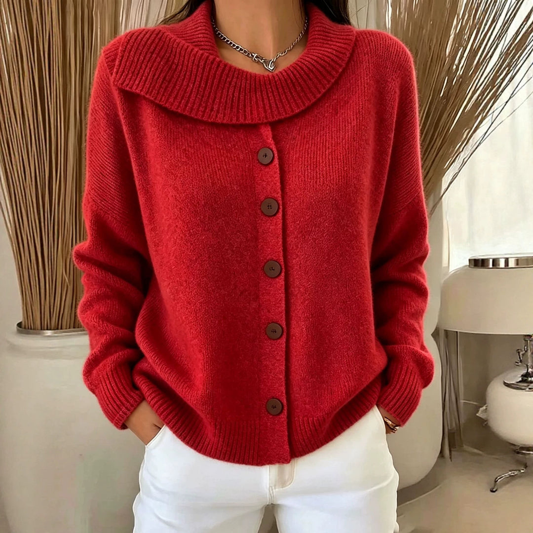 Damen Kuscheliger Knopf-Cardigan mit breitem Rollkragen und gerippten Bündchen Shop Nory