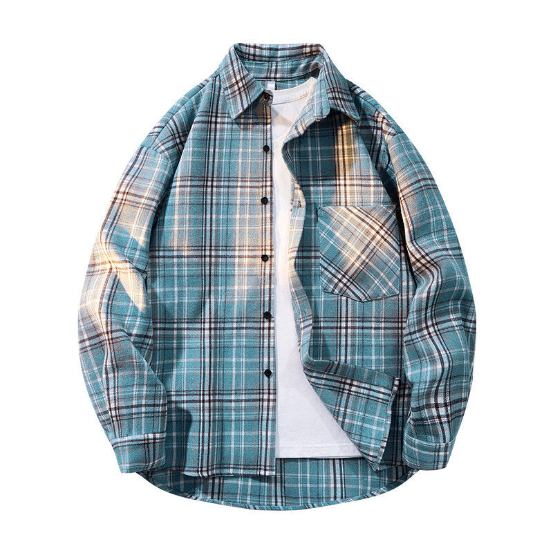 Herren kariertes Oversized Flanellhemd mit aufgesetzter Brusttasche, Rundem Saum und durchgeknöpfter Vorderseite Shop Nory