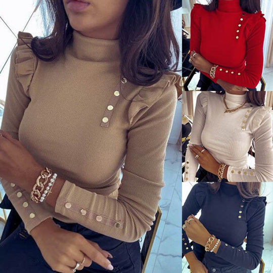 Damen Gerippter Rollkragenpullover mit Rüschenschultern und Zierknöpfen Shop Nory