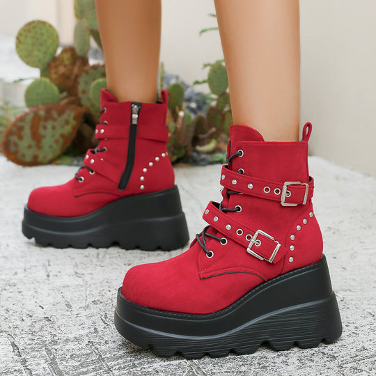 Damen Wedge-Stiefel mit modischen Schnallen und robustem Plateau