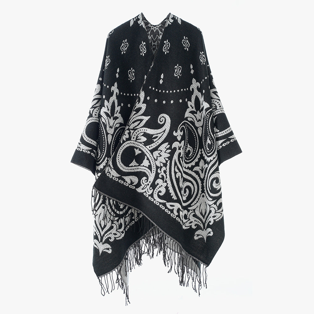 Damen Opulenter Jacquard‑Poncho im Kaftan‑Stil mit Fransen und Paisley‑Relief Shop Nory