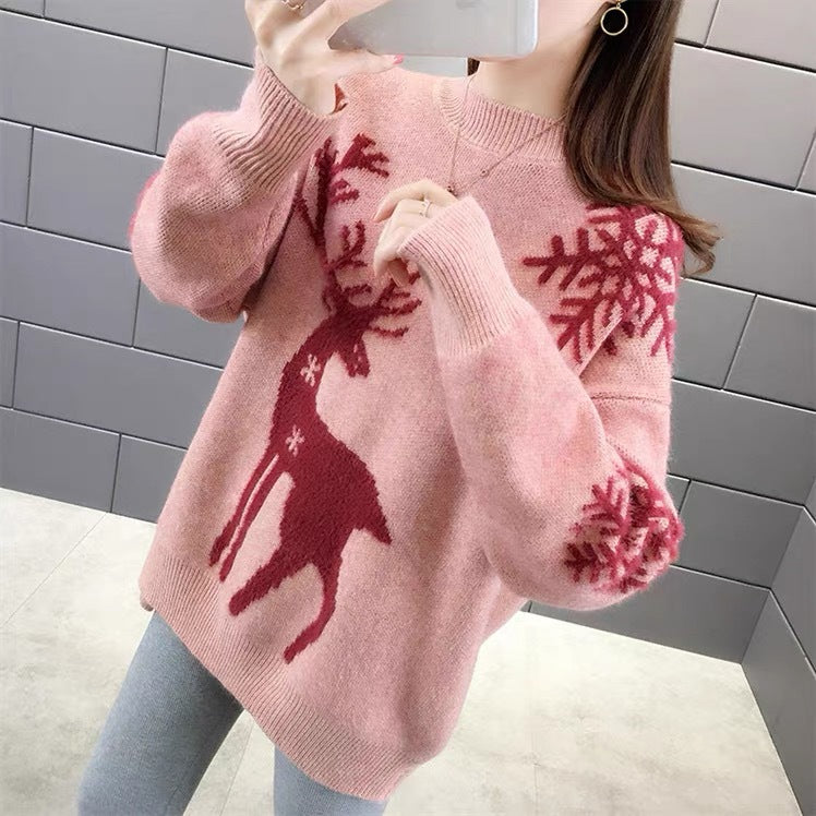 Damen Gemusterter Strickpullover mit Rentier-Jacquard, Rundhalsausschnitt und geripptem Saum Shop Nory