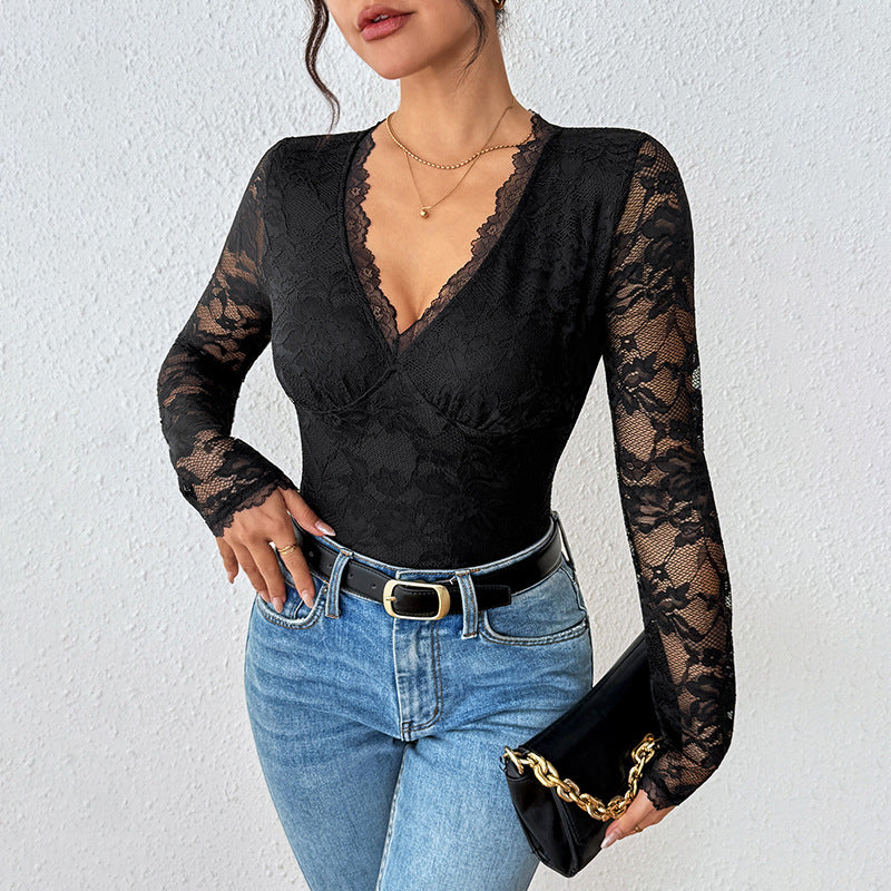 Damen Eleganter Spitzen-Body mit Korsett-Teilung und langen Transparentärmeln Shop Nory