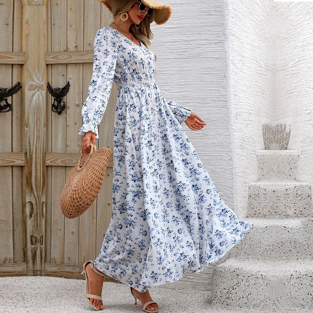 Damen fließendes Maxikleid mit Smoktaillenband V‑Ausschnitt und seitlichem Beinschlitz Shop Nory