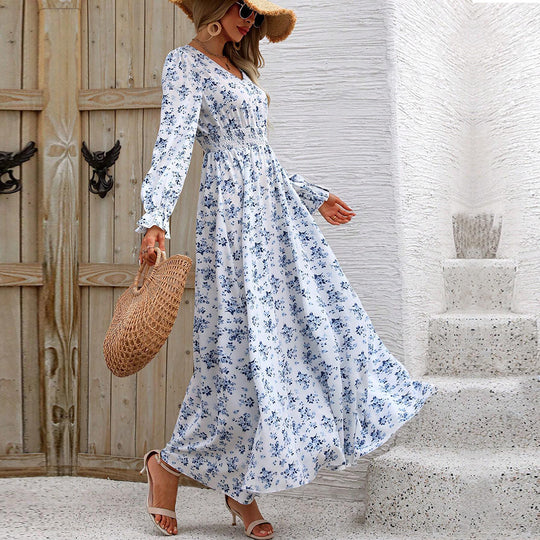Damen fließendes Maxikleid mit Smoktaillenband V‑Ausschnitt und seitlichem Beinschlitz Shop Nory