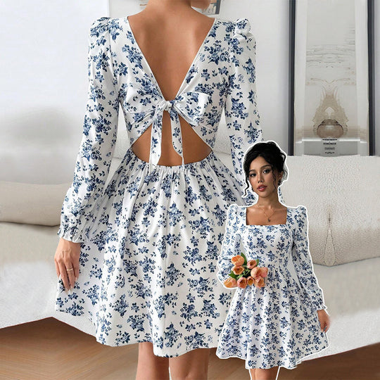 Damen florales Minikleid mit quadratischem Ausschnitt tailliertem Schößchen und langen Puffärmeln Shop Nory