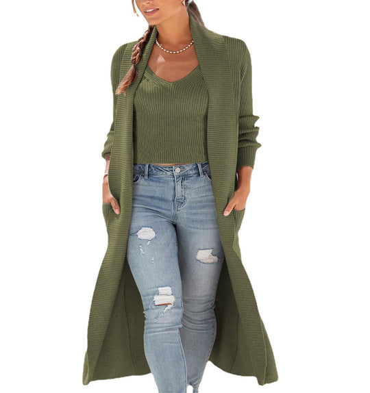 Damen Longline-Strickset mit offenem Longcardigan, Schalkragen und geripptem Crop-Top Shop Nory