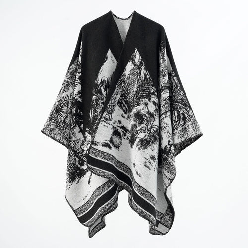 Damen Capeponcho aus Wollmix mit zweifarbiger Jacquardstruktur und Zierstichrand Shop Nory
