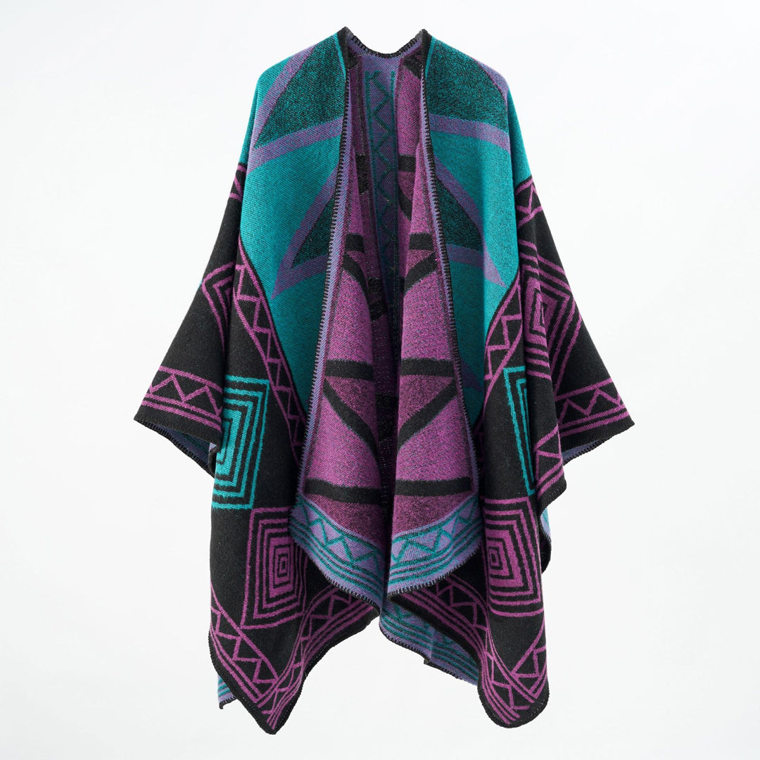 Damen Geometrischer Wollmix-Überwurfponcho mit Kettelkante Shop Nory