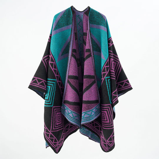 Damen Geometrischer Wollmix-Überwurfponcho mit Kettelkante Shop Nory