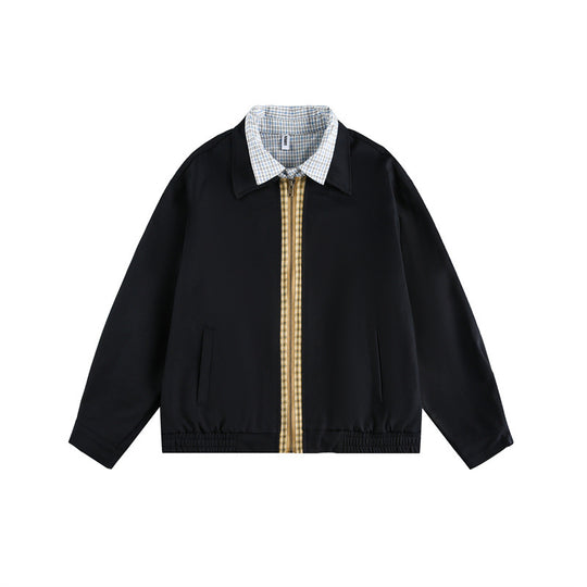 Unisex Boxy-Blousonjacke mit kontrastierender Reißverschlussleiste und kariertem Innenkragen Shop Nory